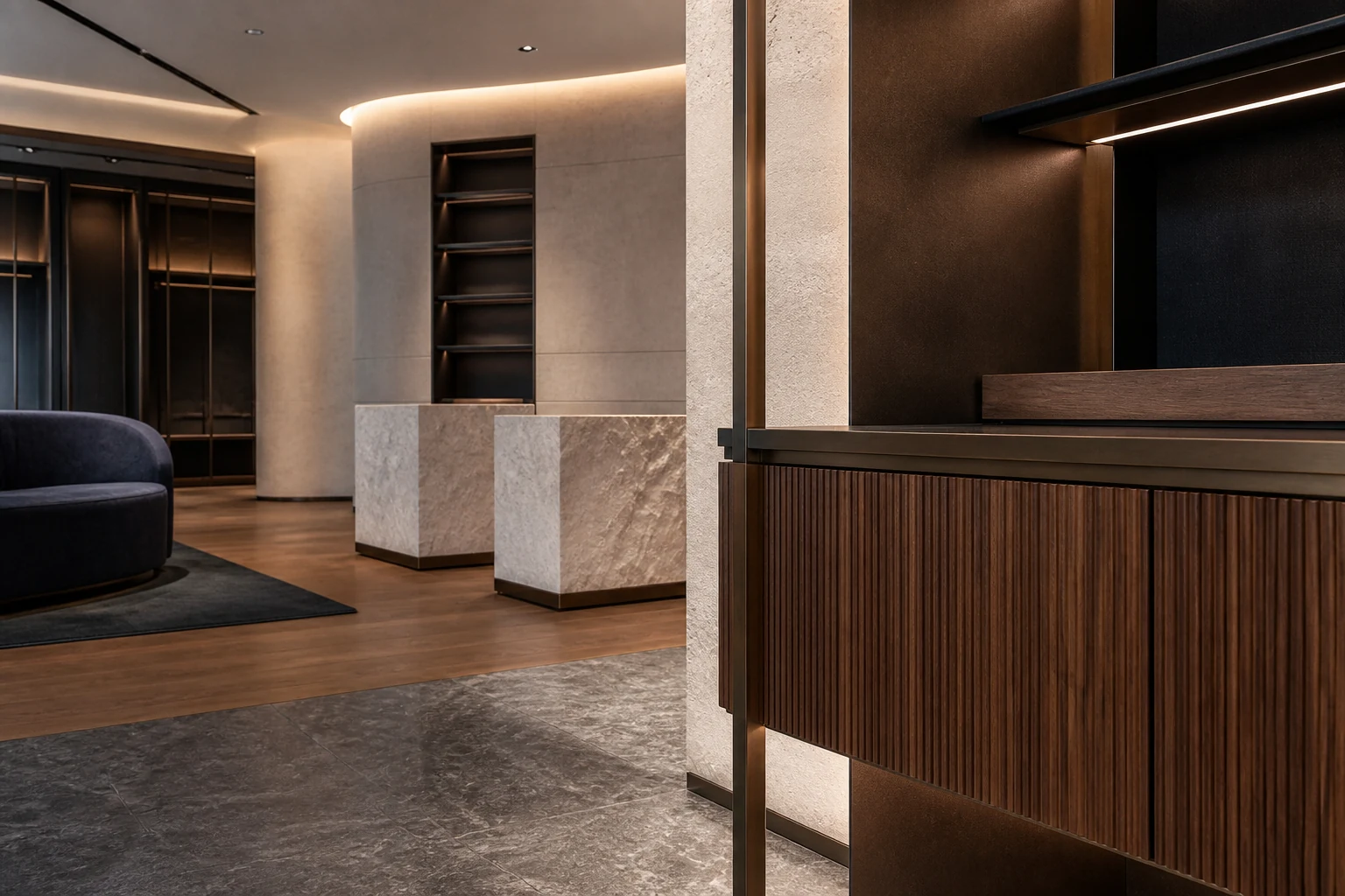 Representative premium retail and material-detail interior; representative imagery, not a completed UES project.