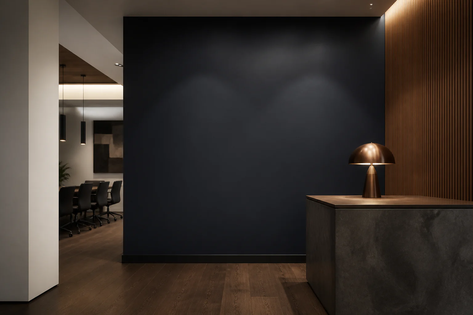 Representative commercial interior with precise navy and warm neutral painted wall planes
