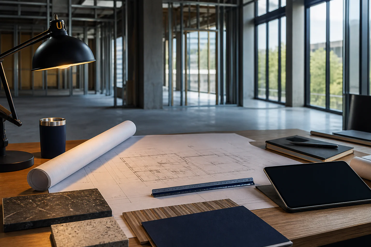 Representative project coordination table with abstract plans and material samples overlooking an orderly commercial interior
