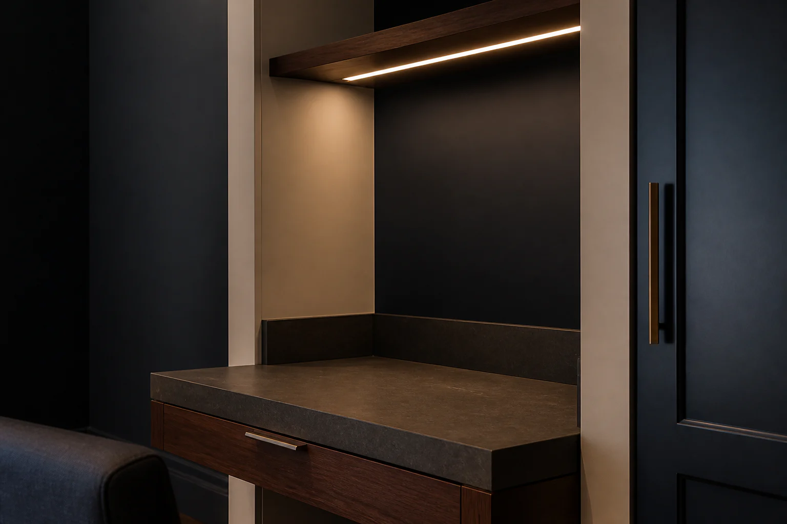 Representative commercial interior detail with painted reveals, timber cabinetry, stone surface and discreet hardware