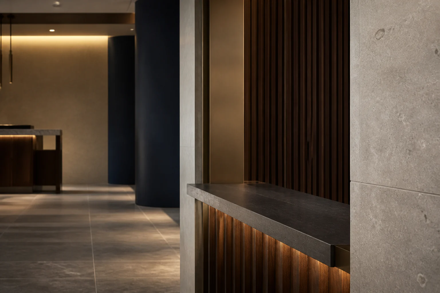 Representative commercial interior detail combining stone, timber slats, metal trim and warm lighting