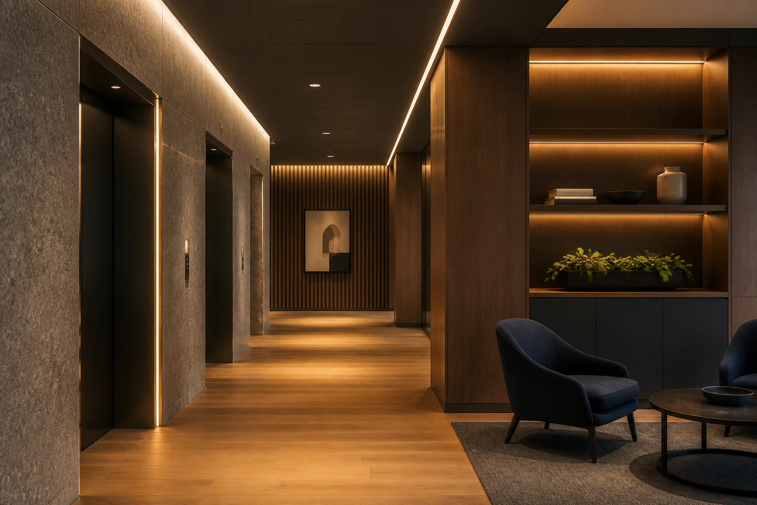 Representative well-maintained commercial lobby with warm timber, stone surfaces and discreet lighting
