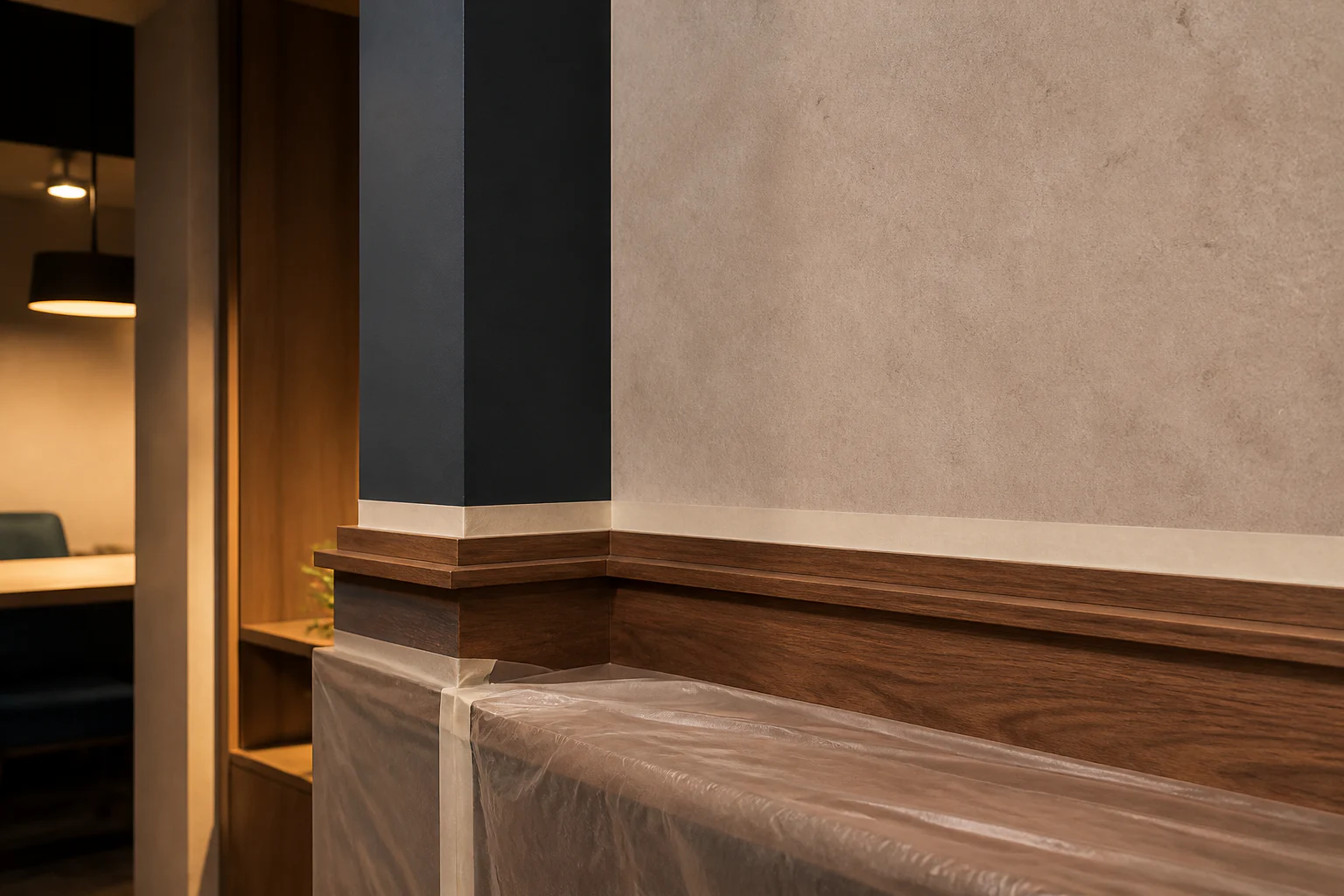 Representative close view of careful interior surface preparation and finishing; not a completed UES project.